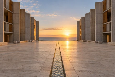 Sân travertine và trục nước hướng ra biển tại Salk Institute