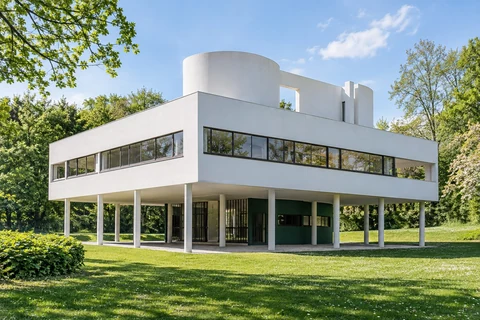 Villa Savoye với cột pilotis và cửa sổ băng ngang