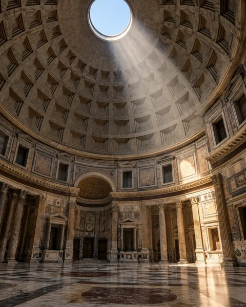 Ánh nắng qua ô mở oculus và mái vòm ô lõm của Pantheon ở Rome